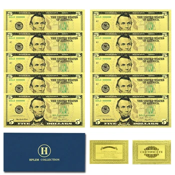 10 adet ve Zarf ABD Doları Altın Folyo Banknotlar 5 USD Hatıra Para Birimi Koleksiyon Hediyeler