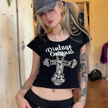 100 % Pamuk Amerikan Baharatlı Kız Punk Çapraz Baskı T-shirt Gotik Tasarım Kısa Kollu Açık Göbek kısa tişört Kırpma Üst