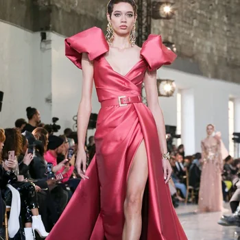 2021 Bir Çizgi Abiye Saten V Boyun Kısa Kollu Yan Bölünmüş Balo Elbise Resmi Kırmızı Halı Elbise elbiseler de mariée