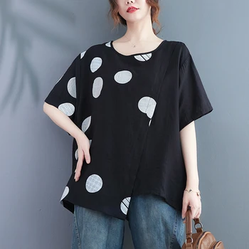 2022 Yeni Varış Kore Tarzı Baskı Polka Dots Düzensiz Şık kızın Gevşek Moda Yaz T Shirt Üstleri Kadın günlük t-shirt Tees