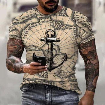 2023 Yeni Denizci Çapa Deniz Baskı Retro Yaz erkek 3D HD Kısa Kollu Moda Rahat Sokak Harajuku O-boyun T-shirt Gömlek
