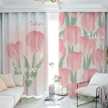 2023 Yeni Lale Perde Pembe Çiçek Prenses Rüzgar Perdeleri Basit Kızlar Yatak Odası Oturma Odası çocuk Odası 2 ADET