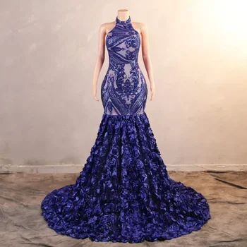 2024 Basamaklı Ruffles Kraliyet Mavi Mermaid balo kıyafetleri Payetli Dantel Çiçekler Halter Boyun Backless Uzun Kadın Akşam Parti Kıyafeti