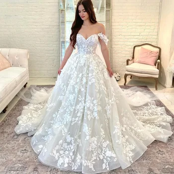 2024 Klasik Dantel Aplikler 3D Çiçek düğün elbisesi Kolsuz Sevgiliye A-Line Tül Balo Mahkemesi Tren Gelin Vestidos