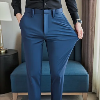 2024 Marka Giyim Erkekler Yüksek Bahar Esneklik İş Pantolonu / Erkek Slim Fit Düz Renk Takım Elbise Pantolon Rahat 38