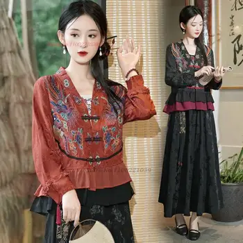 2024 çin vintage bluz geliştirilmiş hanfu üstleri ulusal çiçek nakış v yaka dantel patchwork hırka oryantal tang takım elbise