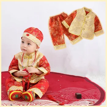 2024NEW Tang Takım Elbise Çin Geleneksel Kostüm Yenidoğan Bebek Erkek Nakış Kış Kırmızı Yeni Yıl doğum günü hediyesi Noel Ayakkabı