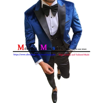 3 Parça Kraliyet Mavi Kadife Erkek Takım Elbise Düğün Damat Custom Made Balo Smokin 2021 Moda Giyim Seti Ceket Yelek pantolon