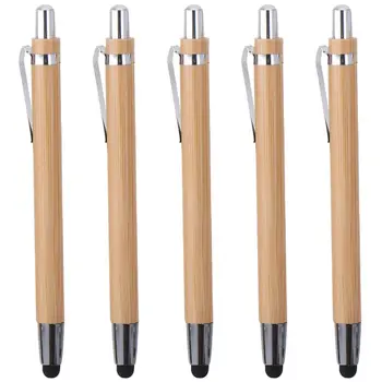 5 ADET Bambu Geri Çekilebilir Tükenmez Kalem Stylus Dokunmatik Kalem 2 in 1 Sürdürülebilir Kalemler Siyah Mürekkep Yazma Kalemler