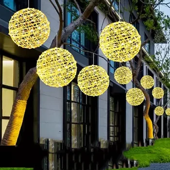 5 Paket güneş küre dize ışık açık Dia20 / 30 CM Rattan topu ağacı asılı ışık yılbaşı ağacı güneş fener garland ışık
