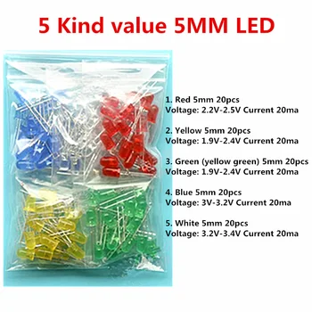 5 Çeşit değer 5MM LED Kırmızı / sarı / mavi / yeşil / beyaz