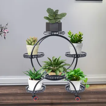 6 Tencere Metal Çiçek Merdiven Siyah Pot Bitki Standı Çiçek Standı İle Tekerlek İle Donatılmış Oturma Odası Ofis Yard İçin Tekerlek