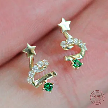 925 Ayar Gümüş Noel Ağacı Yıldız Saplama Küpe Kız için Güzel Kakma Zirkon Pentagram Küpe Bayanlar Takı Sıcak Satış