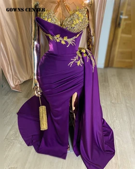 Altın Boncuklu Aplikler Sevgiliye Mor Yarık Mermaid Zarif Abiye Siyah Kızlar İçin Lüks Örgün Durum Elbise Afrika