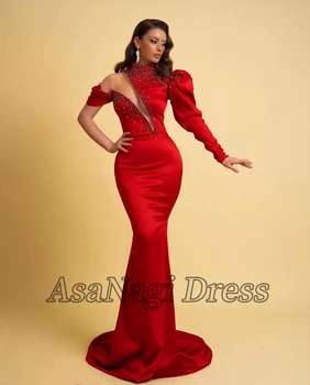 AsaNagi Kırmızı Saten balo kıyafetleri Boncuk Bir Omuz Mermaid Yüksek Boyun Kadınlar Zarif Örgün Parti Elbise 2023 vestidos de noche