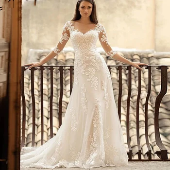 Avıana Zarif Sevgiliye Yaka Uzun Kollu Düğün Kadınlar İçin Illusion Düğmeler Geri Lace Up Aplikler Gelin Klasik Kıyafeti