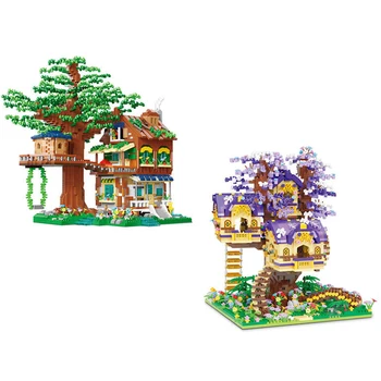 Ağaç Ev Mini Yapı Taşları Monte Kiraz Şehir Sokak 3D Model Elf Ağaç Ev Mikro Tuğla Rakamlar çocuk oyuncakları