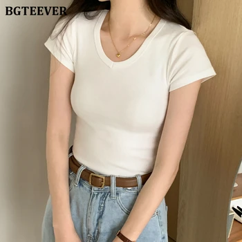 BGTEEVER Moda V Yaka Ince Bayanlar Pamuklu kısa kollu t-shirt Kadın Sıska Kazaklar Tops Yaz Katı Pamuk Tees Kadınlar