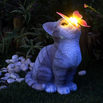 Bahçe kedi heykelleri güneş ışığı açık yaratıcı kedi heykeli güneş kelebek ışık süs Bahçe Yard Patio dekor