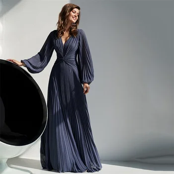 Basit V Boyun Uzun gelinlik modelleri Uzun Kollu Düğün Konuk Kıyafeti Hizmetçi Onur Akşam Elbise vestidos de gala mujer