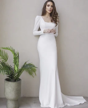 Basit düğün elbisesi Kare Yaka A-Line Uzun Kollu Beyaz Saten gelinlikler Kadınlar İçin Çarpıcı Robe De Mariee Çarpıcı 2024