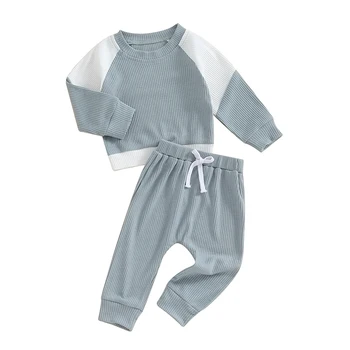 Bebek 2 Adet Sonbahar Kıyafetler Uzun Kollu Kontrast Renk Kazak ve pantolon seti Bebek Sıcak Giysiler