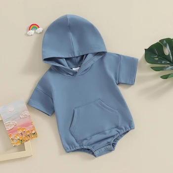 Bebek Erkek Yaz Kapşonlu Tulum Rahat Düz Renk Kısa Kollu Kazak Romper Yenidoğan Bebek için Sevimli Giysiler
