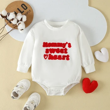 Bebek Kız Sevgililer Kıyafet Uzun Kollu Crewneck Nakış Mektup Desen Romper Bebek Bahar Giysileri