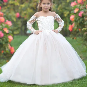 Beyaz Dantel Çiçek Kız Elbise Düğün için Tül Prenses Çocuklar Şeffaf Uzun Kollu Kutsal Akşam Parti İlk Communion balo elbisesi