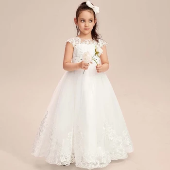 Beyaz Çiçek Kız Elbise Tül Dantel Aplikler Elmas Kemer Kolsuz Düğün Doğum Günü Partisi İçin İlk Communion Abiye