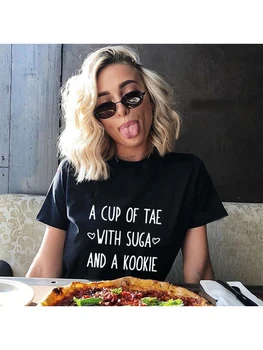 Bir fincan Çay Şeker ve Bir Çerez Mektubu Baskı Kadın Komik T Shirt Hipster Camisetas Rahat O-Boyun Harajuku Yaz Tees Tops