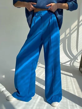 Bornladies Mavi Ofis kadın pantolonları 2023 Moda Gevşek Tam Boy Bayan Pantolon Rahat Yüksek Bel Geniş Pantolon Kadınlar için