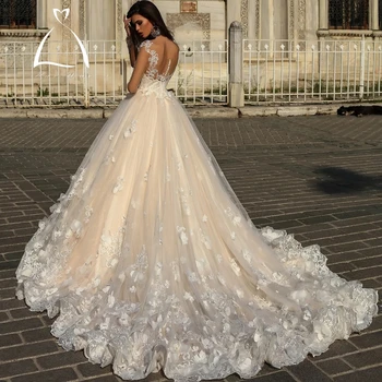 Büyü A-Line gelinlik Seksi Şeffaf Uzun Kollu Çiçek Dantel Aplike Gelin Elbise Kristal Tasarım Couture Düğün Elbise