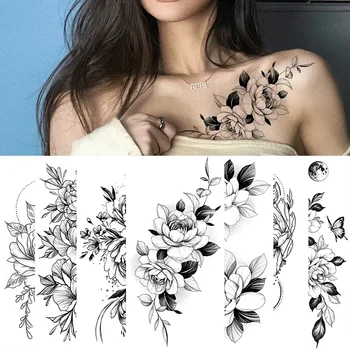 Büyük Boy Siyah Çiçek Desen Sahte Dövme Etiket Kadınlar için Nokta Gül Şakayık Geçici Dövmeler DIY Su Transferi Dövmeler Kızlar