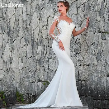 Challoner Zarif Dantel Aplikler Mermaid düğün elbisesi O-boyun Uzun Kollu Illusion Düğme gelin kıyafeti Vestidos De Noiva Kadınlar