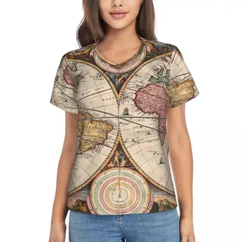 Dünya Haritası T-Shirt İki Yarım Küre V Boyun Klasik Büyük Boy kısa kollu t-shirt Kadın Harajuku Tişört Yaz Baskılı Giyim