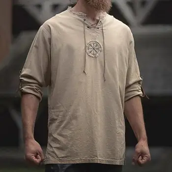 Erkek T-Shirt Keten Viking Nakış Erkek Bluz Gömlek 2023 Uzun Kollu erkek Casual Bluz Tee Gömlek Casual Yakışıklı Erkek Gömlek