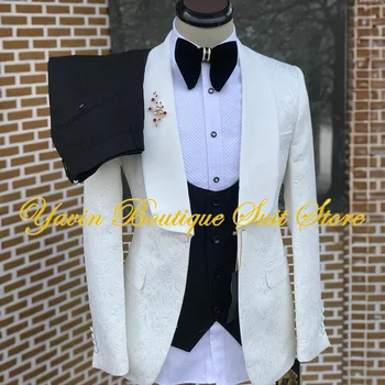 Erkek Üç parçalı Takım Elbise Düğün Damat Smokin Zarif Erkek Kıyafeti Jakarlı Ceket Pantolon Yelek Kravat Resmi Parti Elbise erkekler için