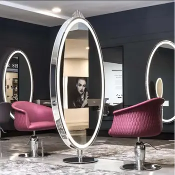 Fabrika Toptan Oval Şekil Berber Ayna 3 LED Aydınlatma Kuaför Aynaları Güzellik Salonu İçin Ayakta