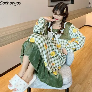 Flanel Gecelikler Kadınlar Kış Kız Baskı Ev Rahat Pijama Salonu Kore Tarzı Gevşek Yumuşak Yay Tüm Maç Şık Yurt