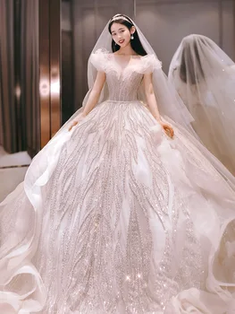 Fransız Lüks düğün elbisesi Kapalı Omuz Kristal Aplike Plise Boncuk Zarif Uzun Kuyruk Rüya Prenses Balo gelin kıyafeti