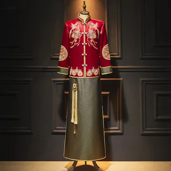 Geleneksel Çin Qipao Erkek Nakış Damat gece elbisesi Düğün Tost Kostümleri Damat Tang Takım Elbise Uzun Elbise