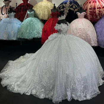 Gül Altın Illusion Uzun Kollu 3D Çiçekler Quincenara Elbiseler Balo Glitter Kristal Payetli Tatlı 15 Vestidos De XV Años