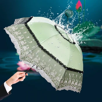 Japon Kadın plaj şemsiyesi Yeşil Taşınabilir Üç katlanır şemsiyeler Yağmur ve Güneş için Mini Plaj Prenses Şemsiye Fikirleri Hediyeler