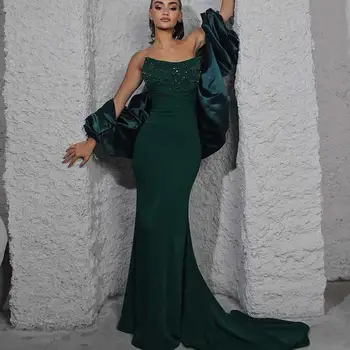 Jersey Mermaid Yeşil Straplez Abiye Kristal Dantelli Kolsuz Pageant Elbise Suudi Arabistan kadın Seksi Balo Elbisesi