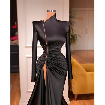 KSDN Uzun Kollu Siyah Fermuar Seksi Balo Elbise Yüksek Yan Bölünmüş Pileli Kat Uzunluk Özel Parti Durum elbise Kadın Vestido