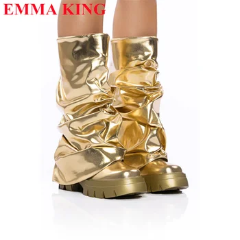 Kadın Altın Gümüş Metalik Deri Orta Buzağı Çizmeler Yuvarlak Ayak Kalın Taban Pilili Pantolon Çizmeler Kış Sonbahar rahat ayakkabılar Kadın