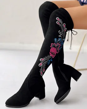 Kadın Ayakkabı Sivri Burun Düşük Topuk Siyah Günlük Giyim Kış Çiçek Nakış Bağlı Detay Over-The-Diz Uzun Çizmeler