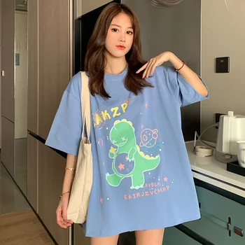 Kadın Kore Harajuku Gevşek Harfler Dinozor baskı t-shirt kadın T-Shirt Üstleri Japon Kawaii Ulzzang Giysileri Kadınlar İçin
