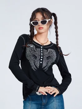 Kadınlar Vintage Rhinestone Grafik Baskı Kırpma Üst Uzun Kollu Y2k Tshirt Slim Fit Bluz Tee Peri Grunge Çapraz Kanatları Baskı Üstleri